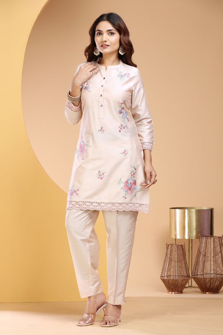 Cream PolySilk Straight Embroidered Kurta Pant Co ord Set