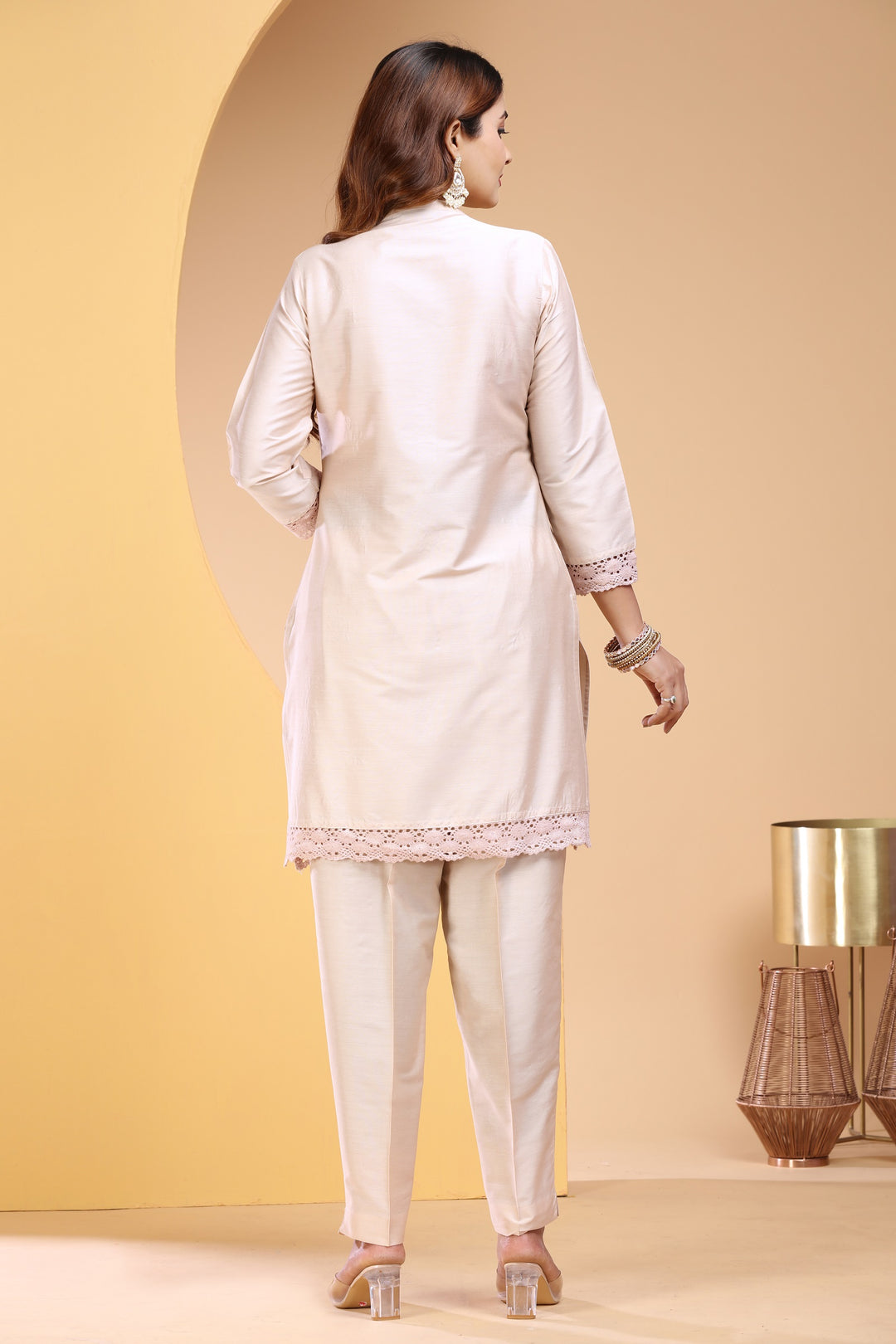 Cream PolySilk Straight Embroidered Kurta Pant Co ord Set