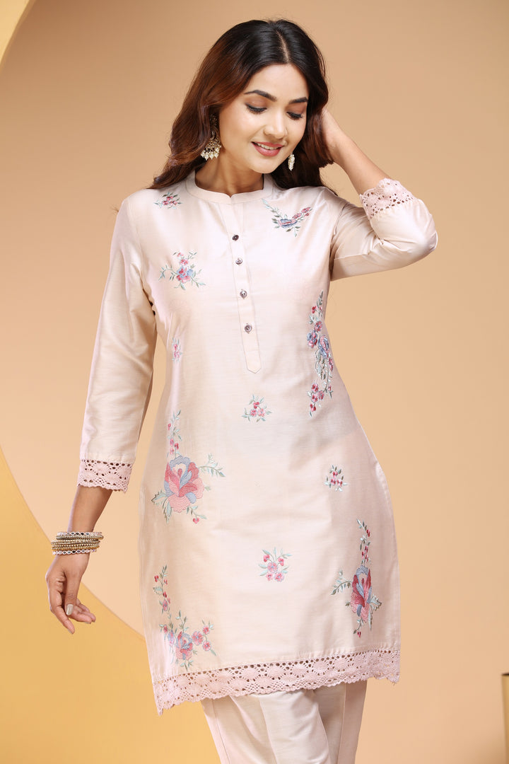 Cream PolySilk Straight Embroidered Kurta Pant Co ord Set