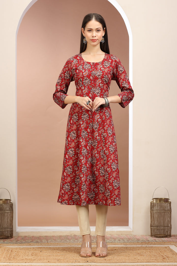 Dark Red Jaipuri Cotton Printed A Line Kurta