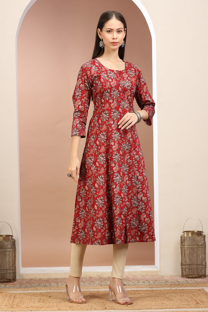 Dark Red Jaipuri Cotton Printed A Line Kurta