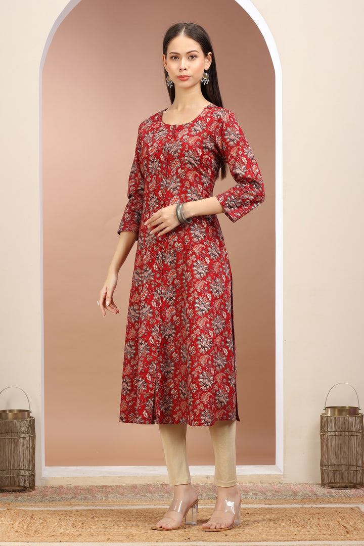 Dark Red Jaipuri Cotton Printed A Line Kurta