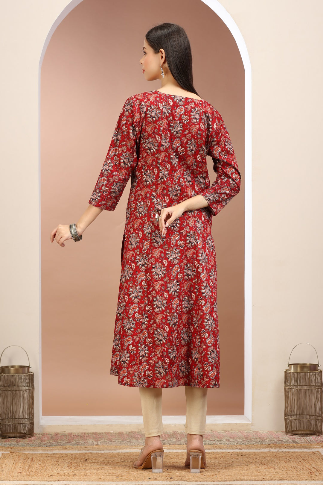 Dark Red Jaipuri Cotton Printed A Line Kurta