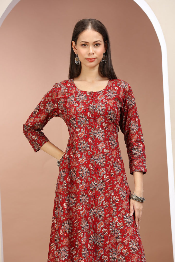 Dark Red Jaipuri Cotton Printed A Line Kurta