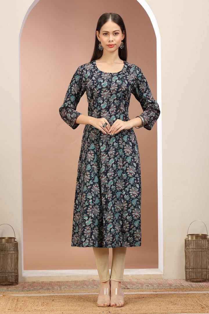 Navy Blue Jaipuri Cotton Printed A Line Kurta