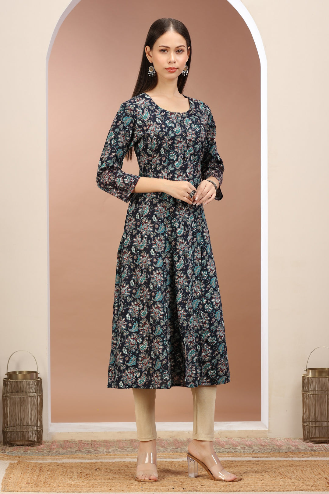 Navy Blue Jaipuri Cotton Printed A Line Kurta