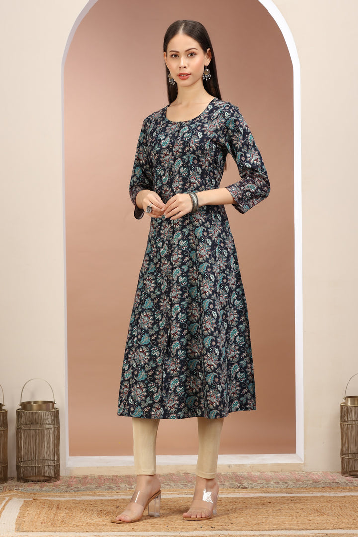 Navy Blue Jaipuri Cotton Printed A Line Kurta