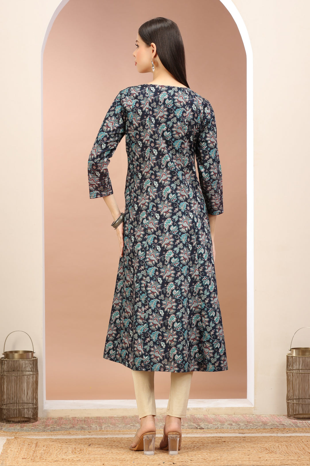 Navy Blue Jaipuri Cotton Printed A Line Kurta