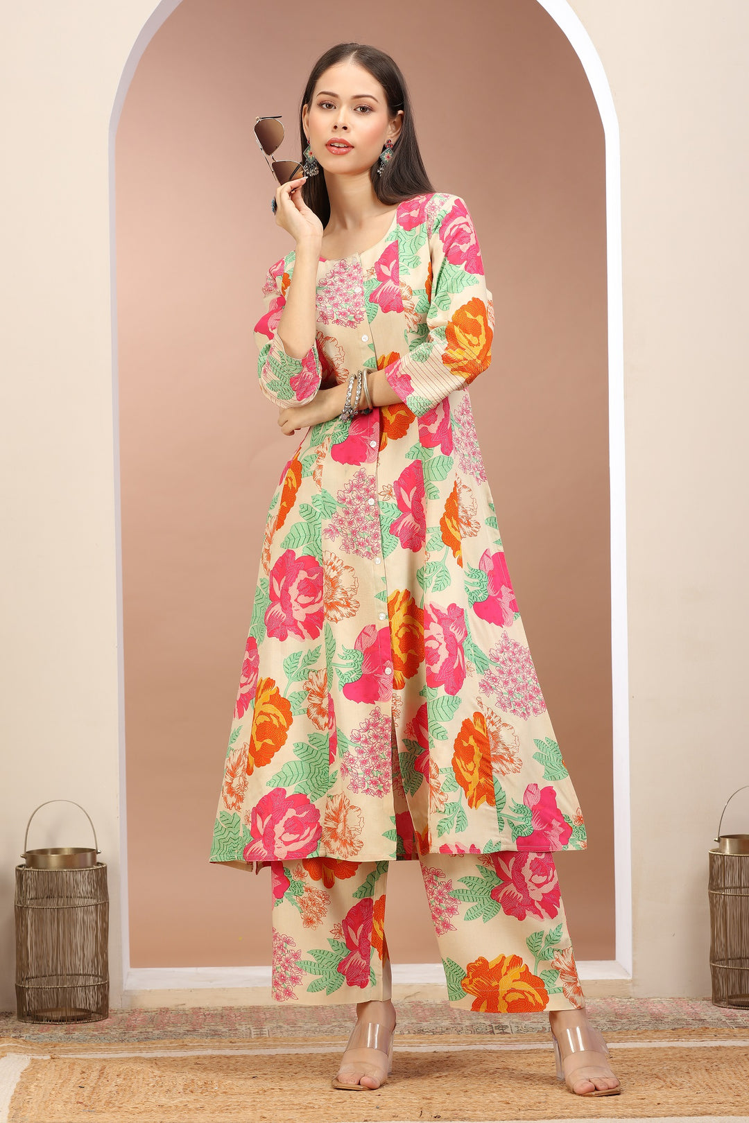 Multicolor Rayon Printed A Line Kurta Pant Co ord Set