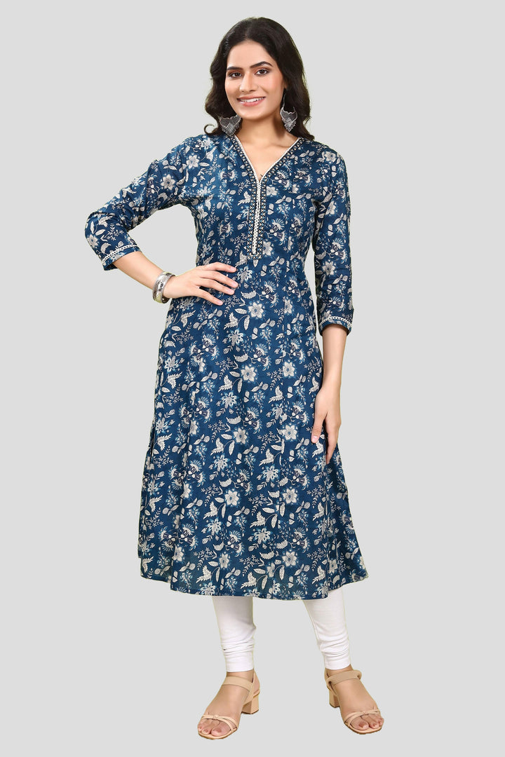 Blue Jaipuri Cotton A Line Printed Kurta