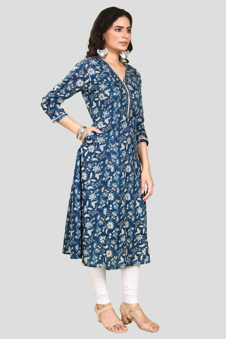 Blue Jaipuri Cotton A Line Printed Kurta