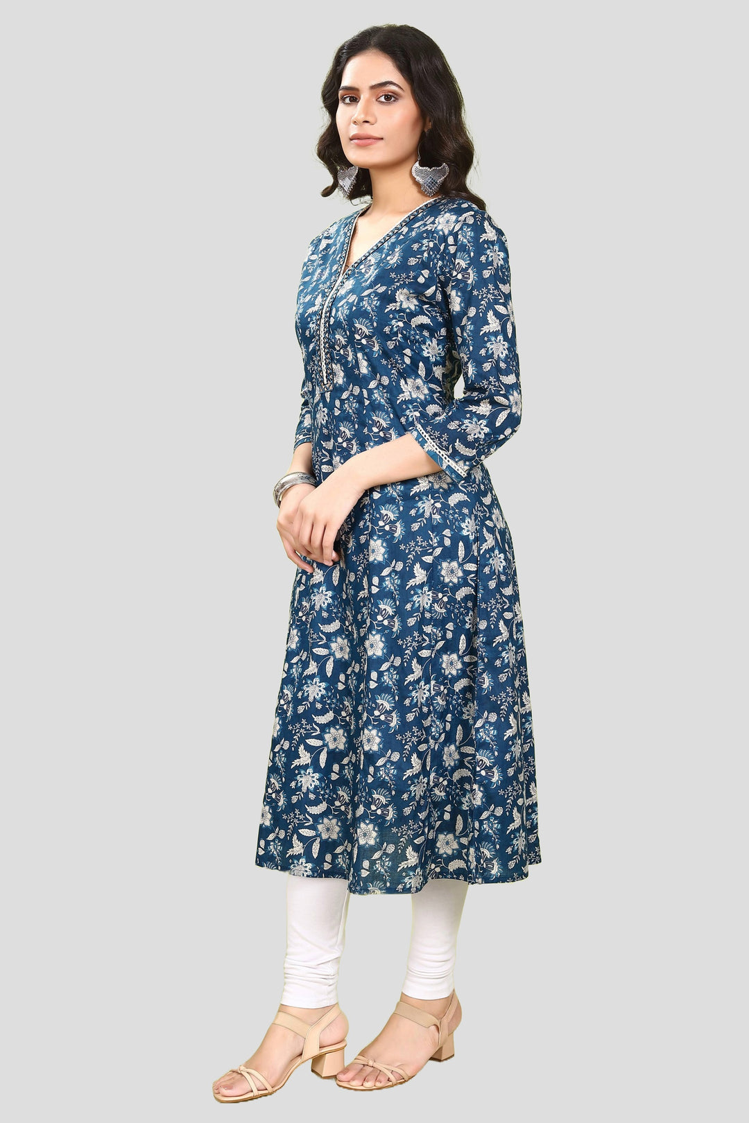 Blue Jaipuri Cotton A Line Printed Kurta