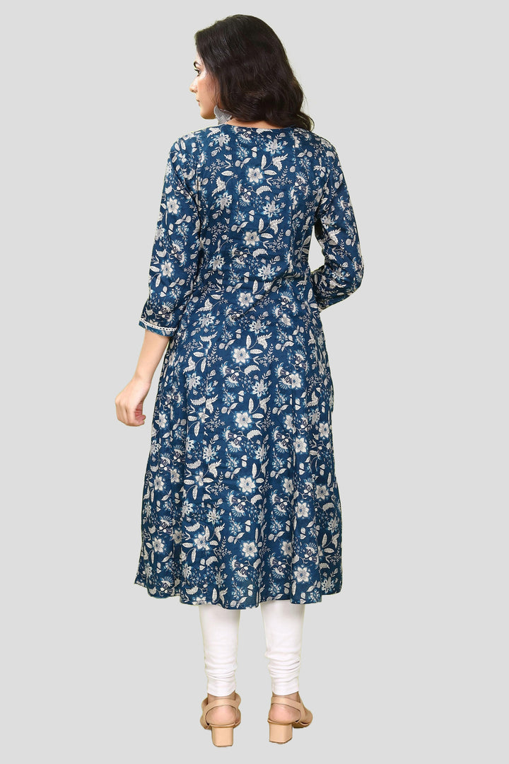 Blue Jaipuri Cotton A Line Printed Kurta