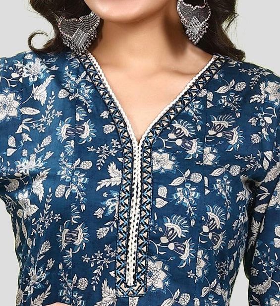 Blue Jaipuri Cotton A Line Printed Kurta