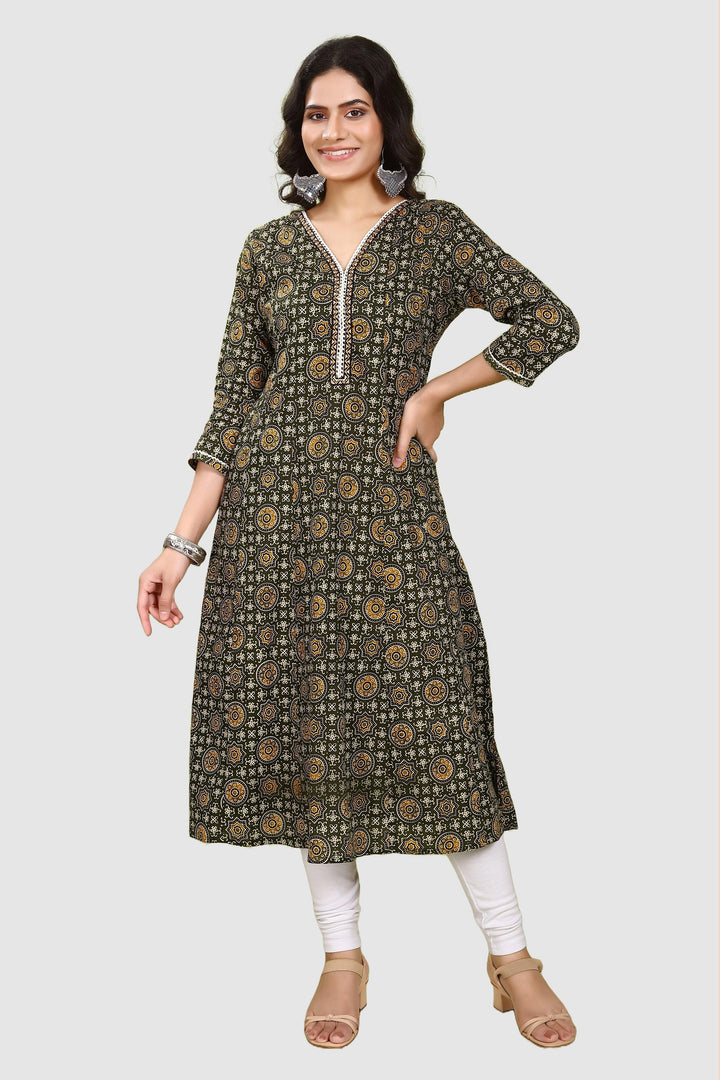 Olive Green Jaipuri Cotton A Line Printed Kurta