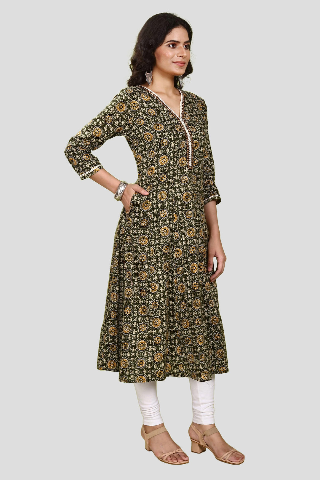 Olive Green Jaipuri Cotton A Line Printed Kurta