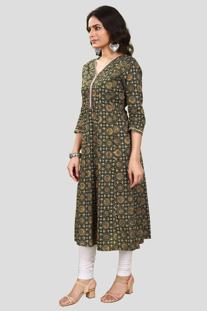 Olive Green Jaipuri Cotton A Line Printed Kurta