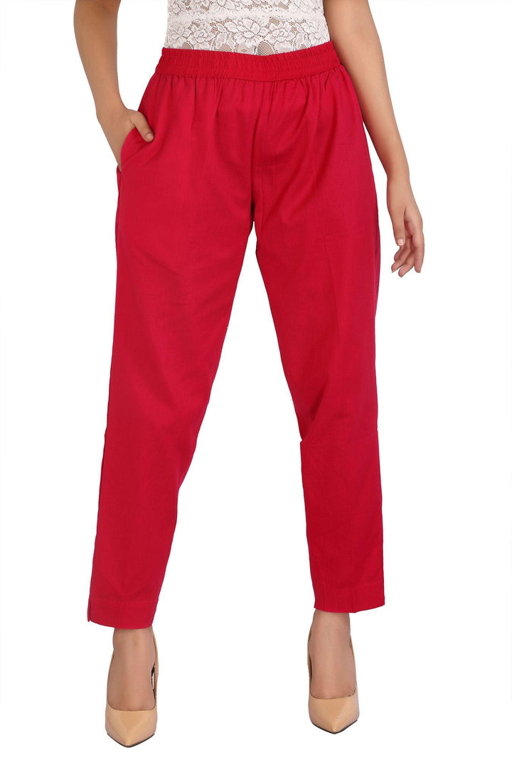 Red Solid Cotton Pant