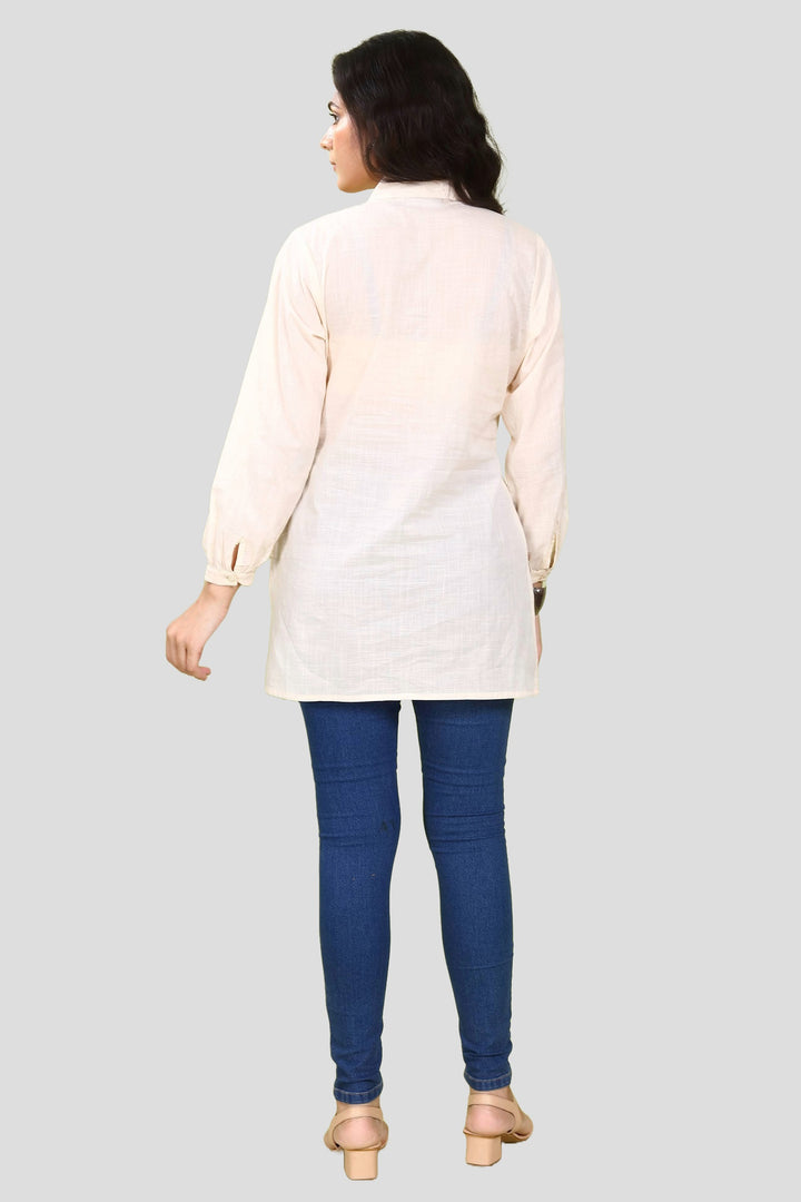 Off White Cotton Slub Straight Embroidered Short Kurta