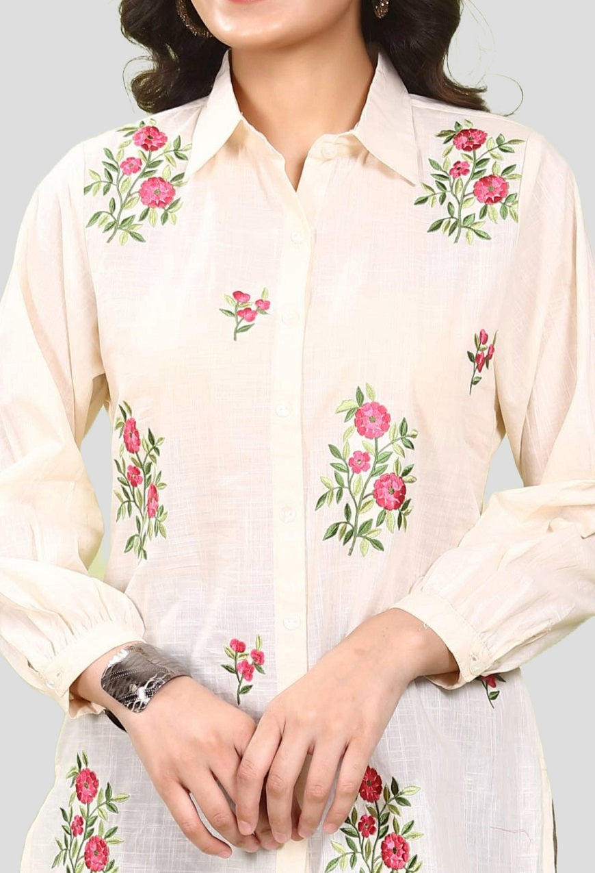 Off White Cotton Slub Straight Embroidered Short Kurta