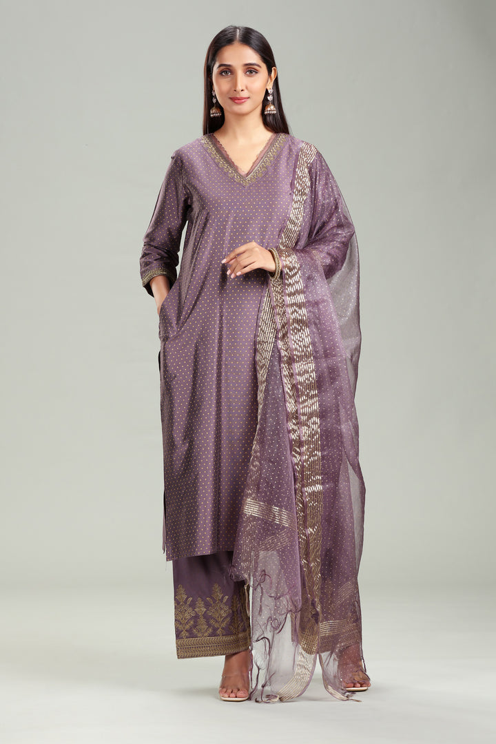 Light Purple PolySilk Straight Embroidred Kurta Pant Suit Set