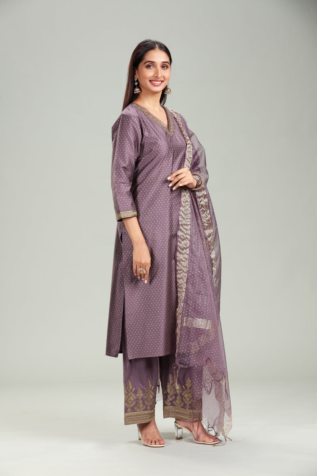 Light Purple PolySilk Straight Embroidred Kurta Pant Suit Set