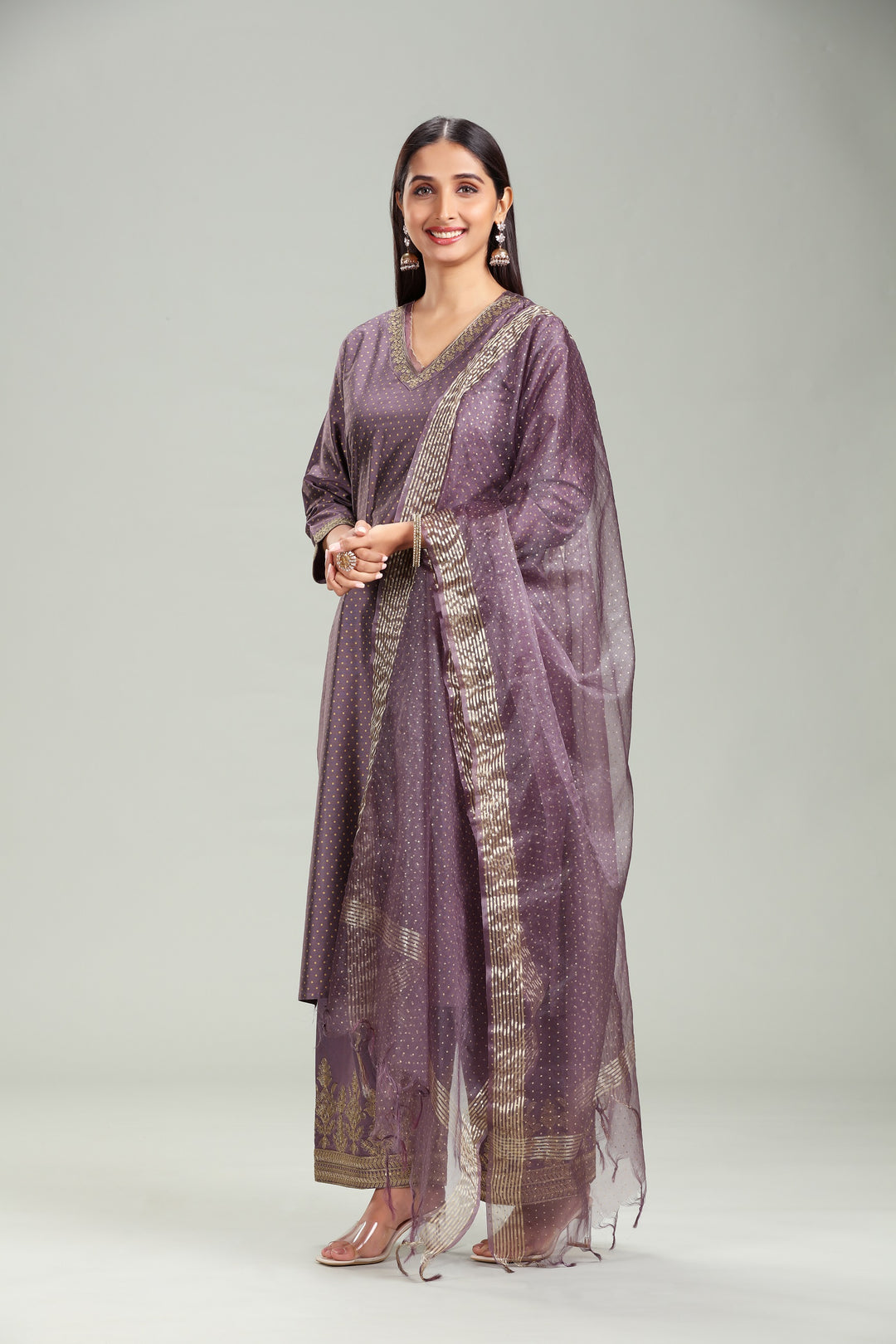 Light Purple PolySilk Straight Embroidred Kurta Pant Suit Seet