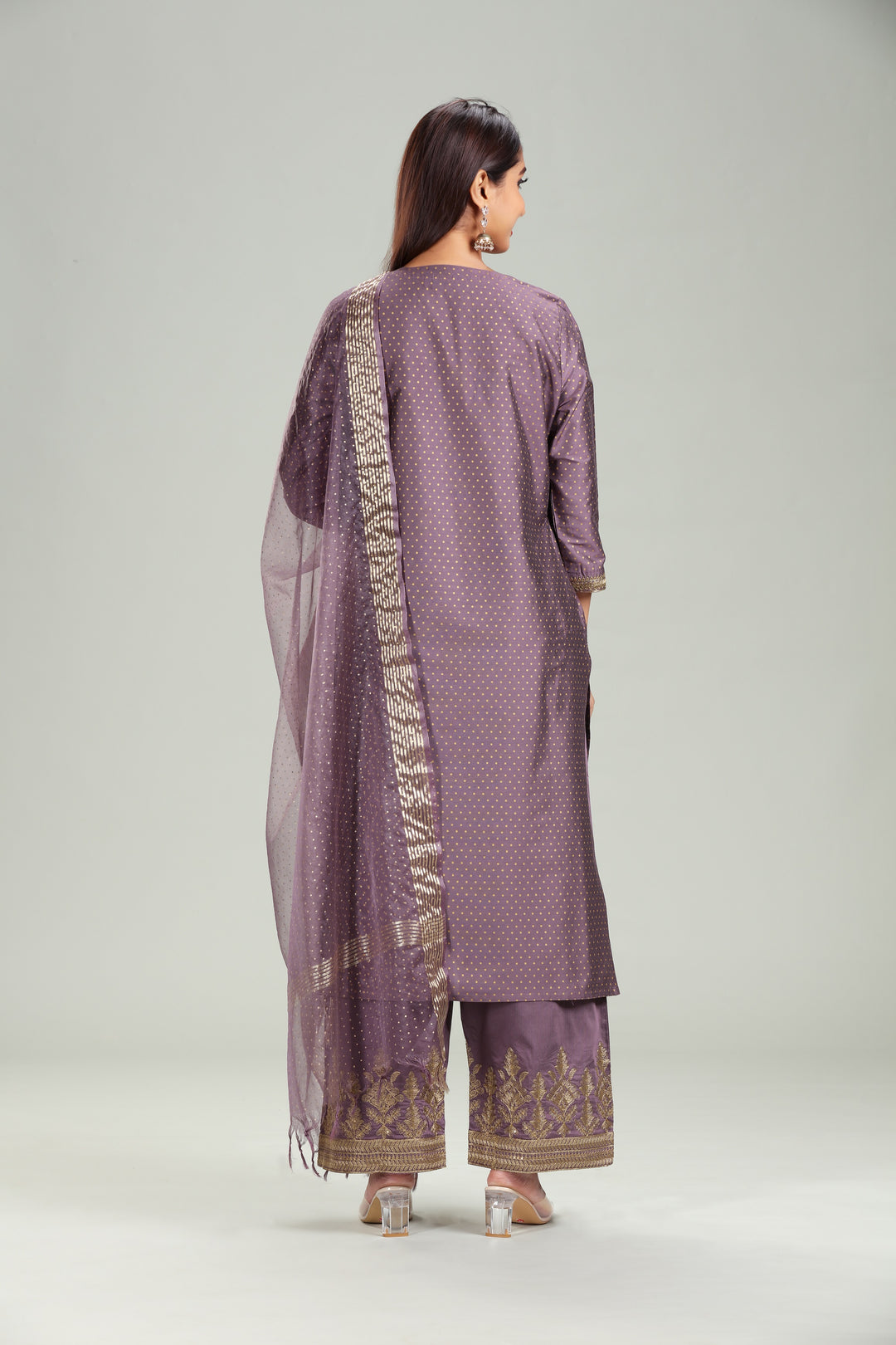 Light Purple PolySilk Straight Embroidred Kurta Pant Suit Seet