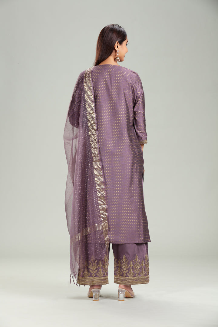 Light Purple PolySilk Straight Embroidred Kurta Pant Suit Seet