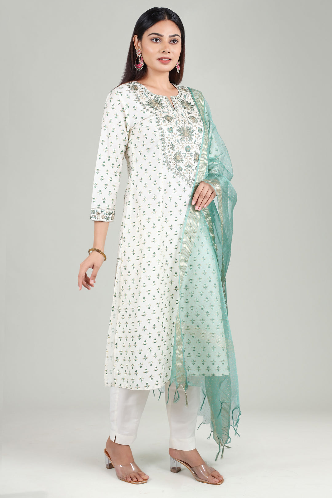 Off White PolySilk A Line Printed Kurta Pant Suit Set