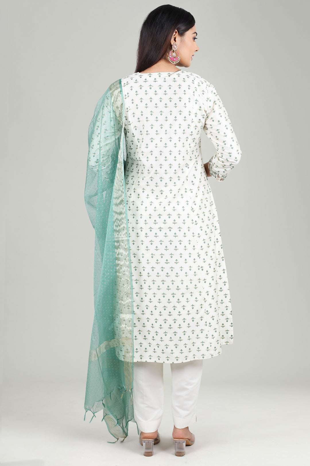 Off White PolySilk A Line Printed Kurta Pant Suit Set