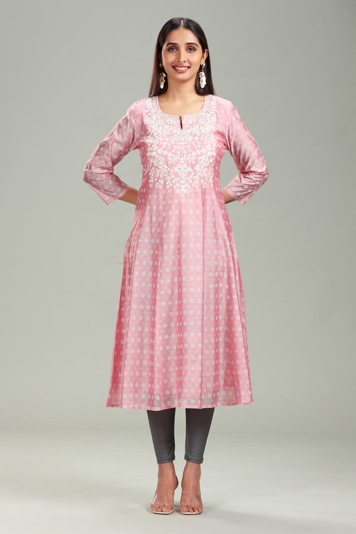 Light Pink Chanderi A line Embroidered Kurta