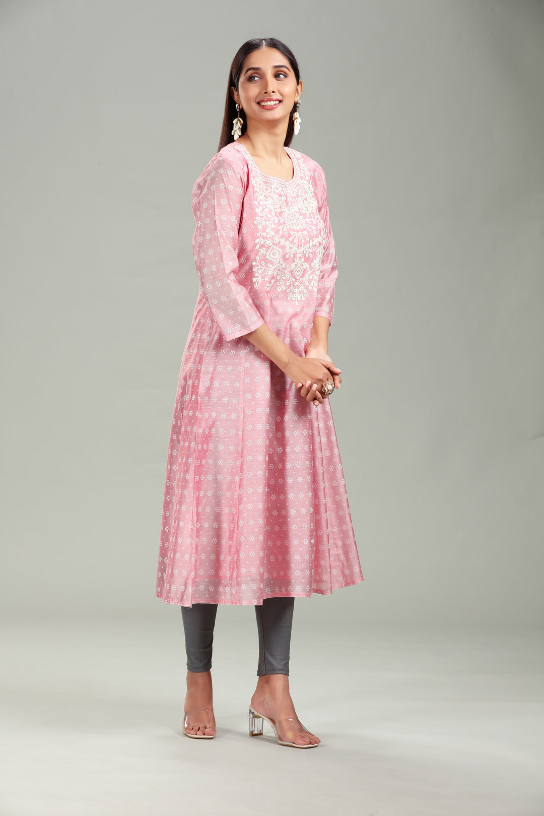 Light Pink Chanderi A line Embroidered Kurta