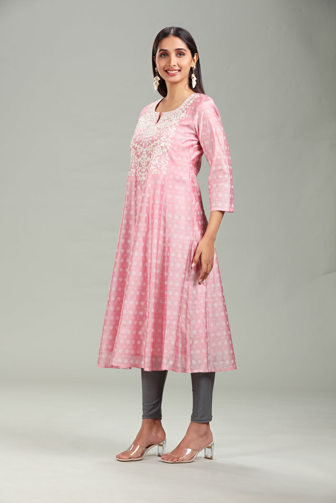 Light Pink Chanderi A line Embroidered Kurta