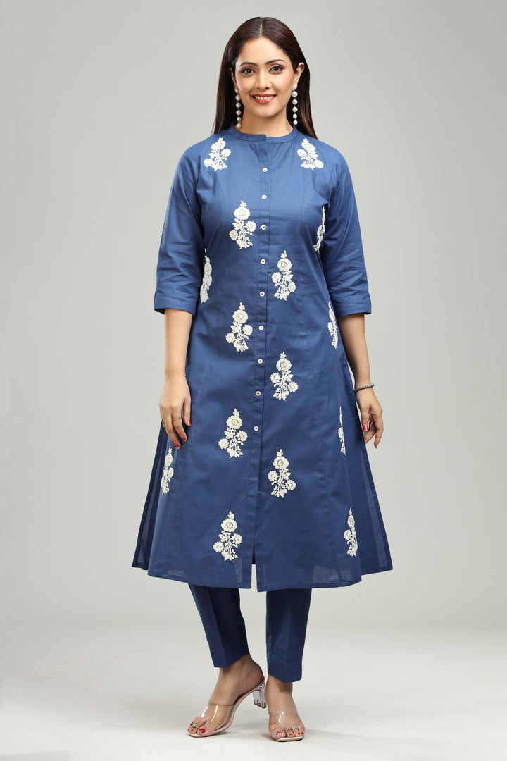 Navy Blue Slub Cotton A line Embroidered Kurta Pant Co ord Set