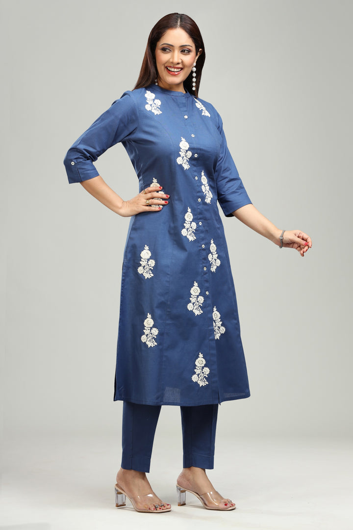 Navy Blue Slub Cotton A line Embroidered Kurta Pant Co ord Set