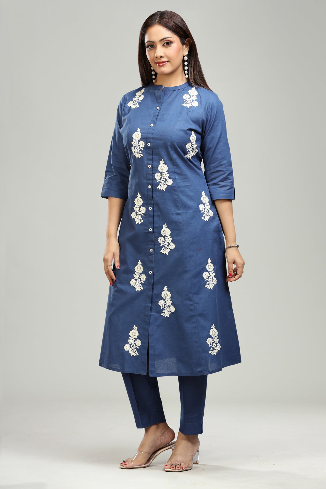 Navy Blue Slub Cotton A line Embroidered Kurta Pant Co ord Set