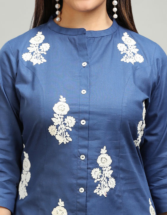 Navy Blue Slub Cotton A line Embroidered Kurta Pant Co ord Set