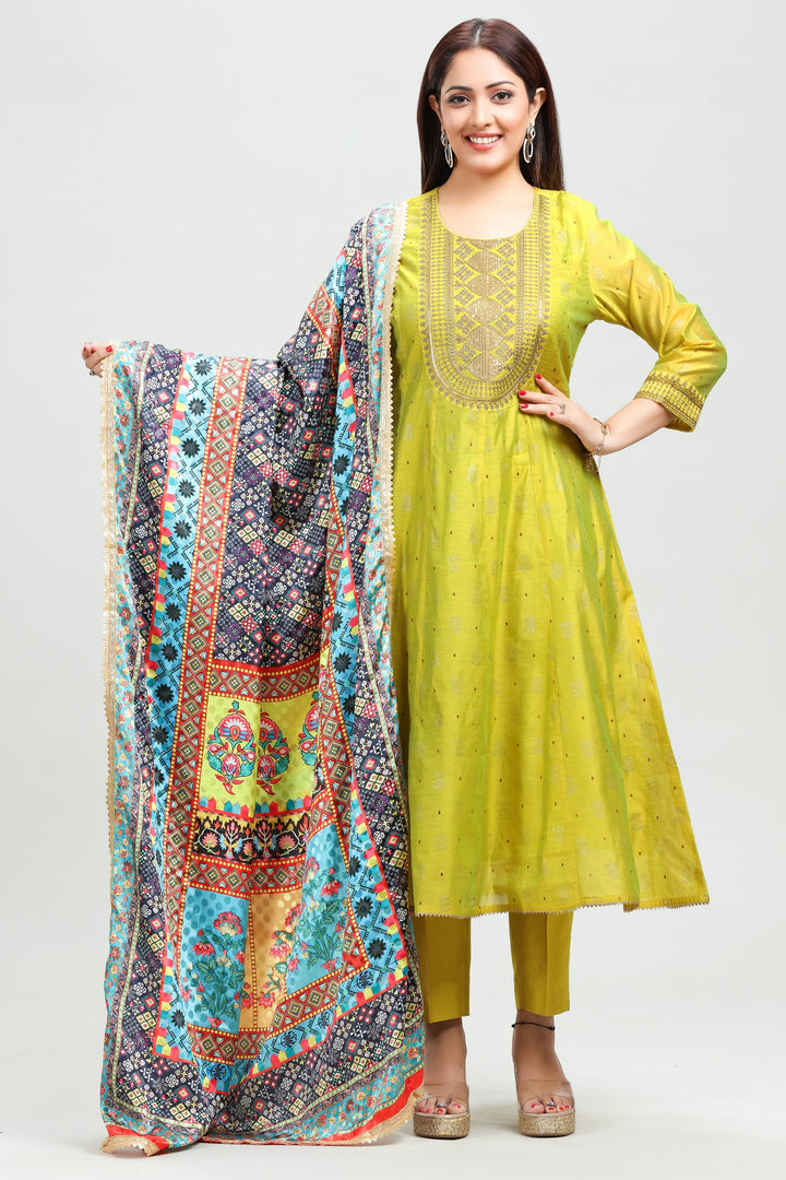 Yellow Chanderi A Line Embroidered Kurta Pant Suit Set