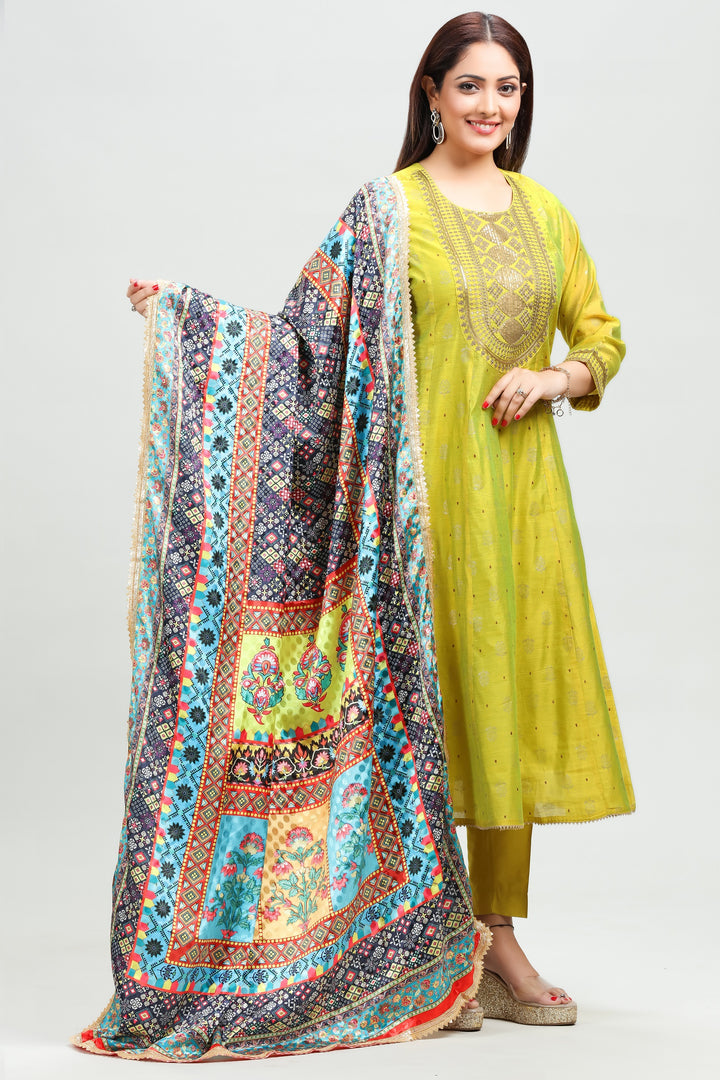 Yellow Chanderi A Line Embroidered Kurta Pant Suit Set