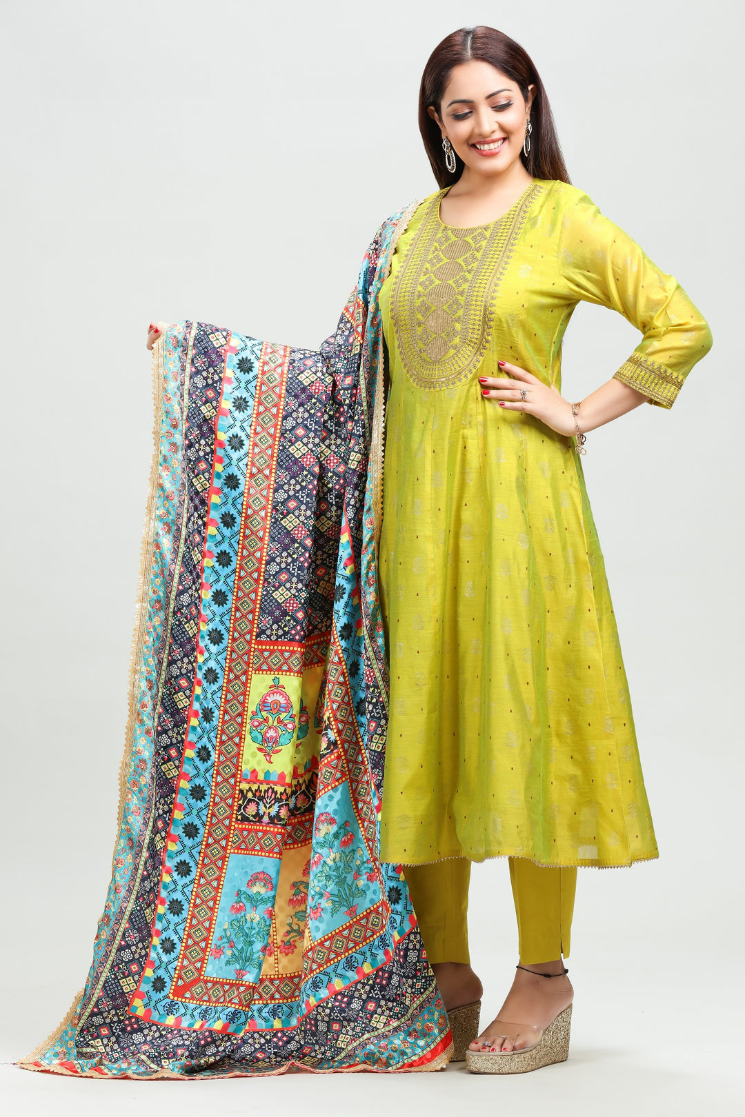 Yellow Chanderi A Line Embroidered Kurta Pant Suit Set