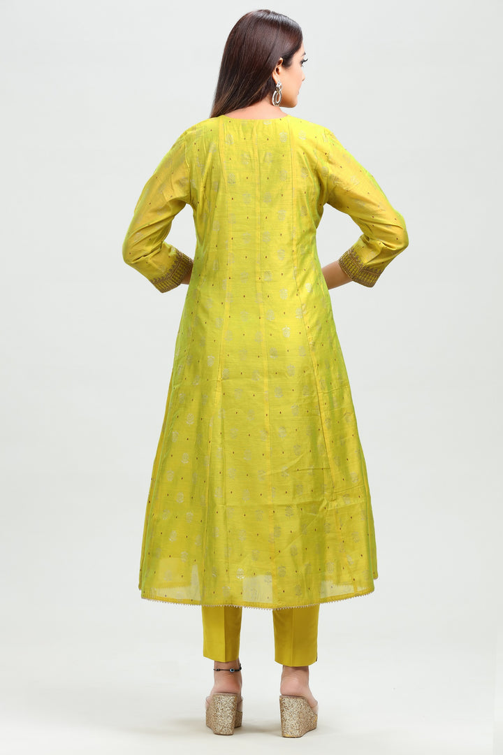 Yellow Chanderi A Line Embroidered Kurta Pant Suit Set