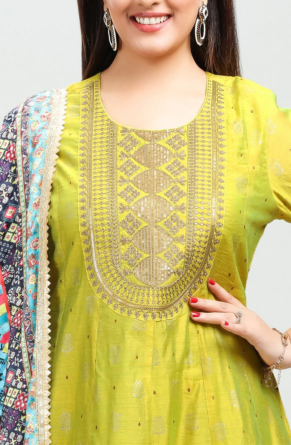 Yellow Chanderi A Line Embroidered Kurta Pant Suit Set