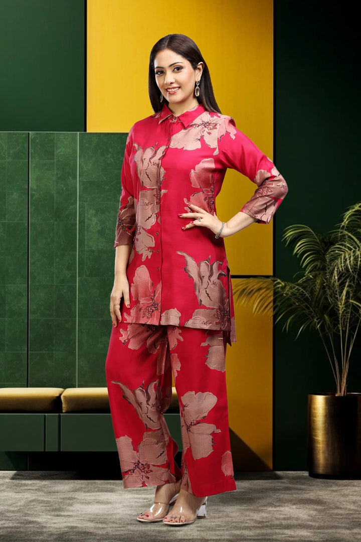 Rani Pink Roman Silk Printed Kurta Pant Co ord Set