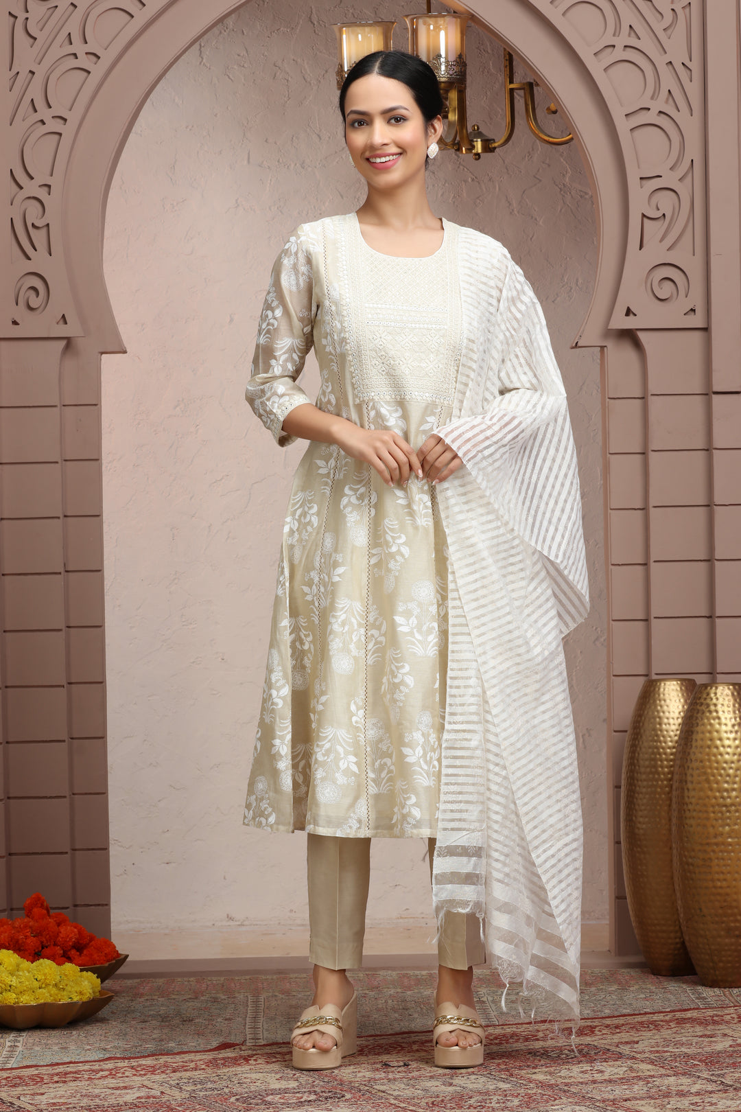 Off White Chanderi A Line Embroidered Kurta Pant Suit Set