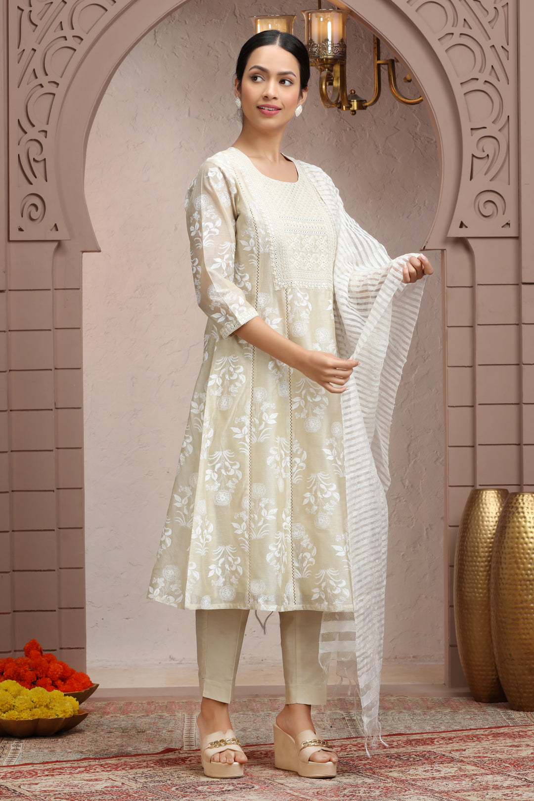 Off White Chanderi A Line Embroidered Kurta Pant Suit Set