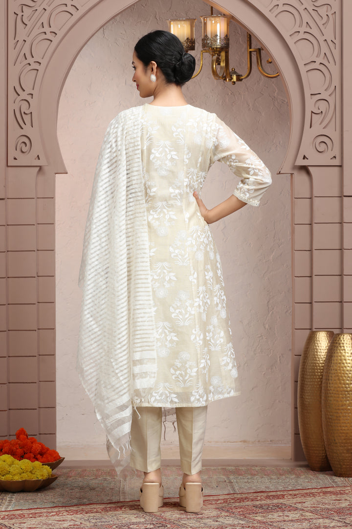 Off White Chanderi A Line Embroidered Kurta Pant Suit Set