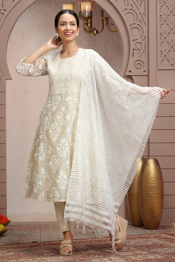 Off White Chanderi A Line Embroidered Kurta Pant Suit Set