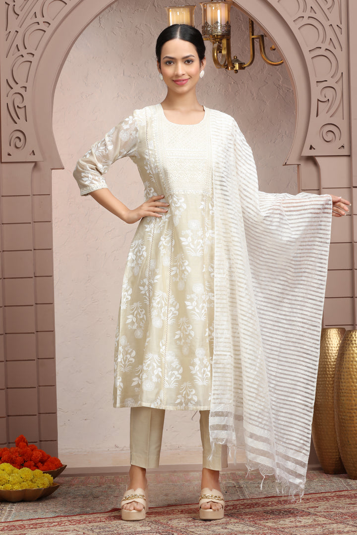 Off White Chanderi A Line Embroidered Kurta Pant Suit Set