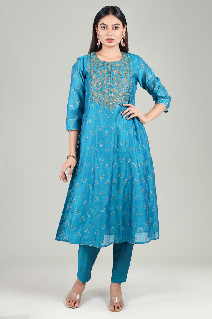 Blue Chanderi A Line Embroidered Kurta Pant Suit Set